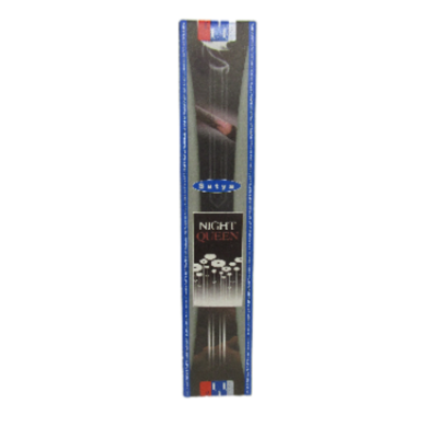 Caixa de incenso Satya Night Queen com flores brancas e texto em várias cores