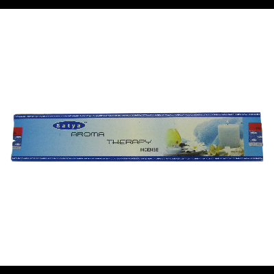 Caixa azul de incenso Satyã AROMA THERAPY INCENSE com vela acesa e pedras decorativas
