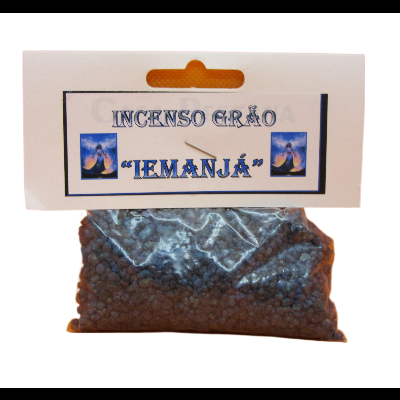Pacote de incenso em grão com rótulo 'INCENSO GRÃO IEMANJÁ' e imagens pequenas azuis.