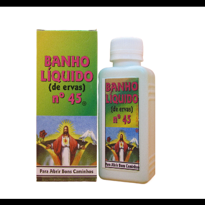 Frasco branco e caixa colorida de Banho Líquido (de ervas) nº 45 com imagem religiosa