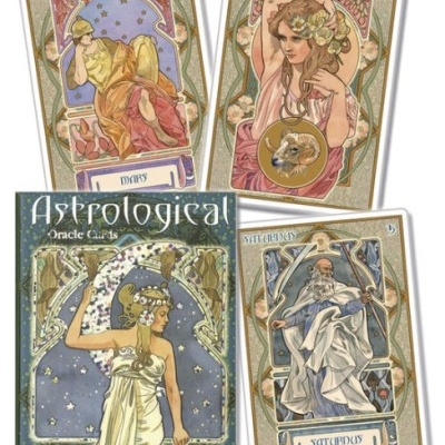 Cartas de oráculo astrológico com ilustrações art nouveau e embalagem com título