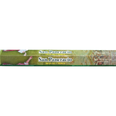 Caixa verde de incenso San Pancracio com texto e imagem artística