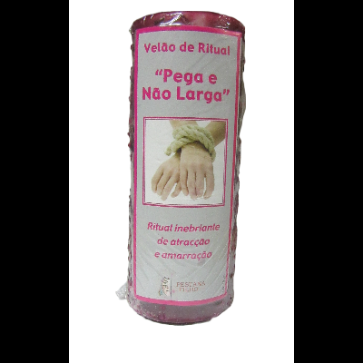 Vela rosa de ritual com texto e imagem de mãos amarradas