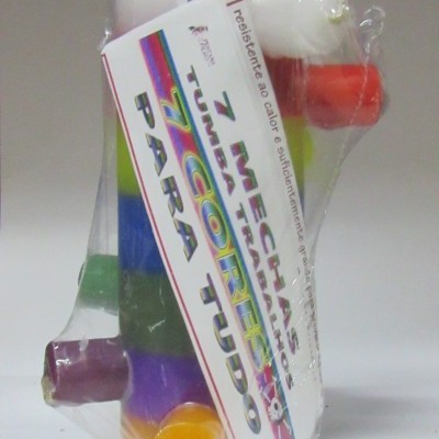 Tubo transparente com 7 mechas coloridas e etiqueta em português