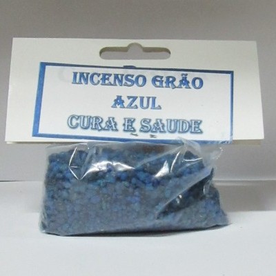 Pacote de incenso grão azul com etiqueta 'INCENSO GRÃO AZUL CURA E SAUDE'