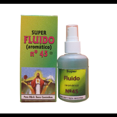 Frasco spray e caixa Super Fluido (aromático) Nº 45 verde e amarelo com imagem espiritual