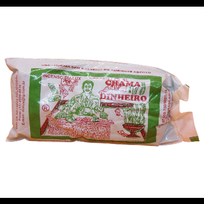 Pacote de incenso CHAMA DINHEIRO com imagem de homem e texto em verde e vermelho
