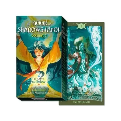 Baralho e caixa de tarot com ilustrações coloridas e texto em inglês