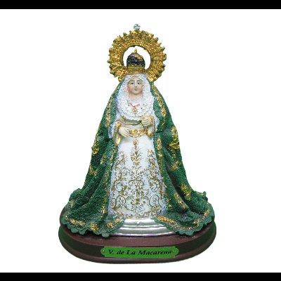 Estátua religiosa de Nossa Senhora com manto verde e vestido branco