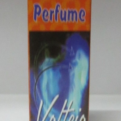 Embalagem de perfume Volteio laranja e azul com texto Perfume