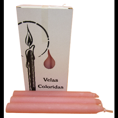 Velas cor-de-rosa junto a caixa branca com ilustração de vela e texto Velas Coloridas