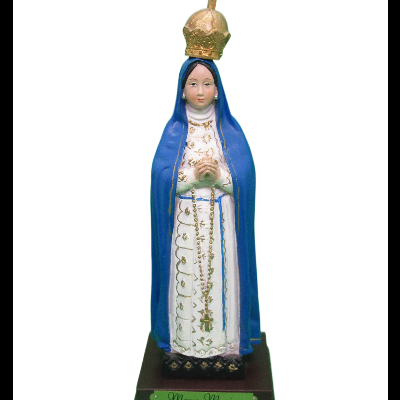 Estátua religiosa de Nossa Senhora com manto azul e coroa dourada