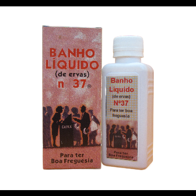 Frasco branco e caixa com texto Banho Líquido nº 37 e ilustração de pessoas