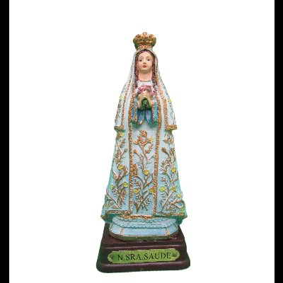 Estátua de Nossa Senhora com manto branco bordado e coroa dourada
