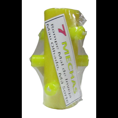 Produto amarelo cilíndrico com 7 hastes e etiqueta branca com texto