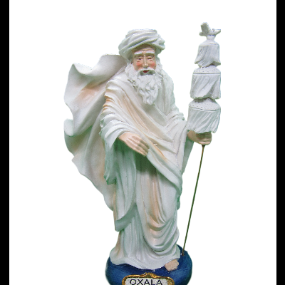 Estátua de Oxalá em resina com túnica branca e base azul