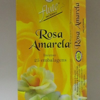 Embalagem amarela de incenso Flute Rosa Amarela com flores amarelas e texto Paz Interior