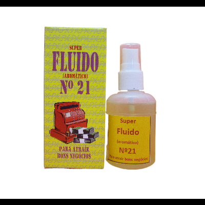 Frasco branco com líquido e caixa amarela de Super Fluido Nº 21 para atrair bons negócios.