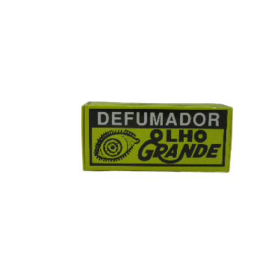 Pacote amarelo de defumador Olho Grande com texto preto e desenho de olho
