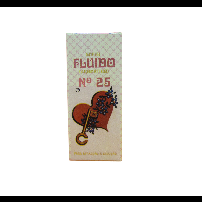 Embalagem retangular branca com padrão e texto SUPER FLUIDO (AROMATICO) N° 25, coração, chave e flores