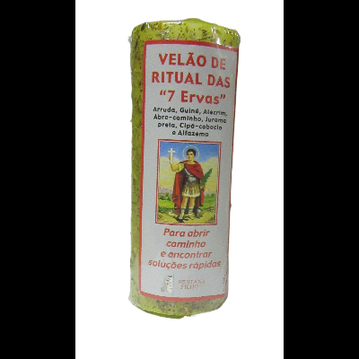 Vela ritual 7 ervas com etiqueta e imagem de figura religiosa