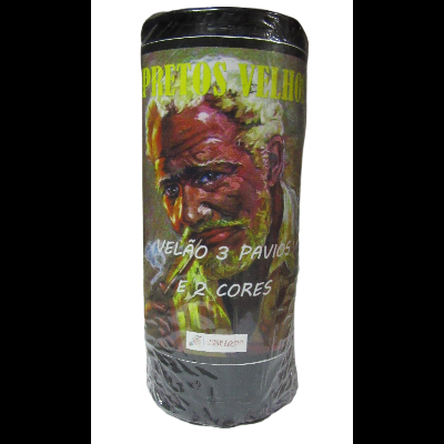 Embalagem cilíndrica de vela com ilustração de homem idoso e texto em amarelo e branco