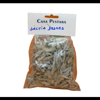 Pacote de folhas secas de sálvia branca com etiqueta Casa Pestana