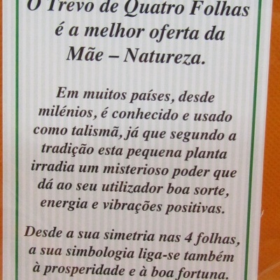 Cartão explicativo sobre Trevo da Sorte com trevo dourado pendurado