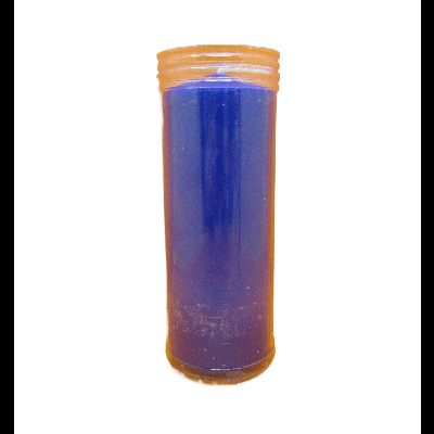 Vela azul cilíndrica em recipiente de plástico transparente com tampa laranja