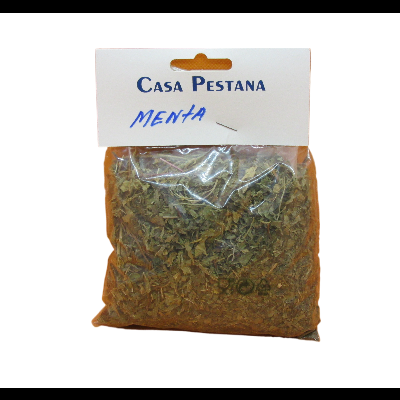 pacote transparente com folhas secas e etiqueta Casa Pestana MENTA