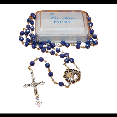 Terço azul com cruz metálica e caixa com texto Alecr Ferro FÁTIMA