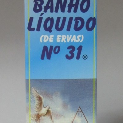 Caixa de banho líquido de ervas Nº 31 para limpeza espiritual com imagem de pomba e triângulo de incenso.