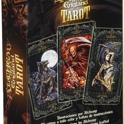 Caixa de baralho de tarot Alchemy 1977 England com imagens de cartas e texto explicativo.