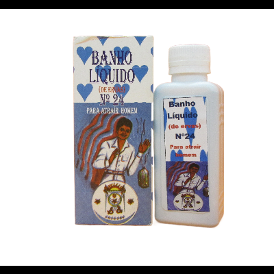 Frasco branco com banho líquido para atrair homem e embalagem com ilustração e texto em português.