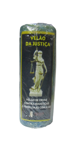 Vela preta Velão da Justiça com imagem da estátua da justiça e texto sobre ervas contra injustiças
