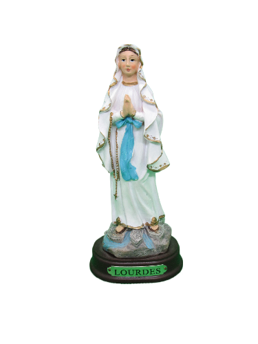 Estátua de Nossa Senhora de Lourdes com túnica branca e faixa azul