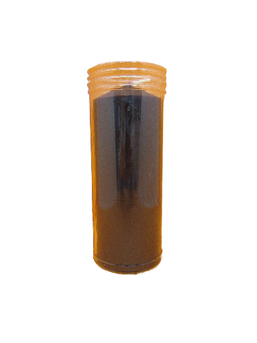 Frasco cilíndrico transparente com tampa laranja e conteúdo escuro