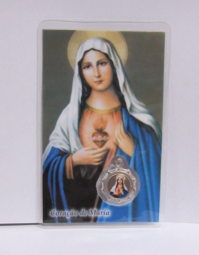 Cartão plástico com imagem da Virgem Maria e medalha prateada