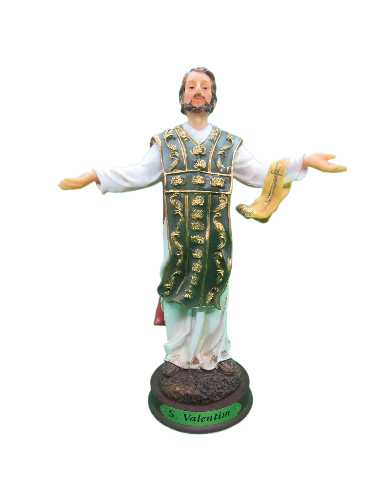 Figura decorativa de S. Valentim em túnica branca e casaca verde com detalhes dourados