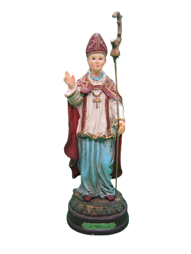 Estátua de São Nicolau com batina, capa vermelha e túnica azul, segurando cajado dourado.