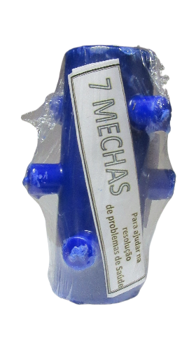 frascos azuis embalados em plástico transparente com rótulo 7 MECHAS para saúde