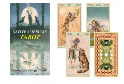 Conjunto de cartas Tarot Native American com ilustrações culturais e caixa azul com texto.