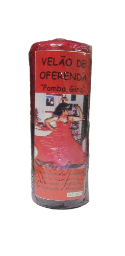 Velão de oferenda vermelho com etiqueta mencionando 'Pomba Gira' e imagem de mulher em vestido vermelho.