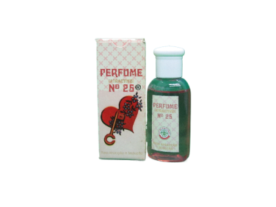 Frasco de perfume e embalagem com texto PERFUME ATRACTIVO Nº 25 e desenho de guitarra