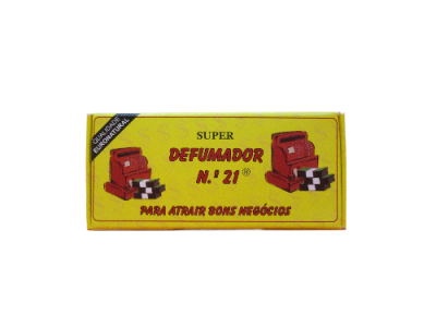 Embalagem amarela de defumador N.º 21 com texto e imagens vermelhas e pretas