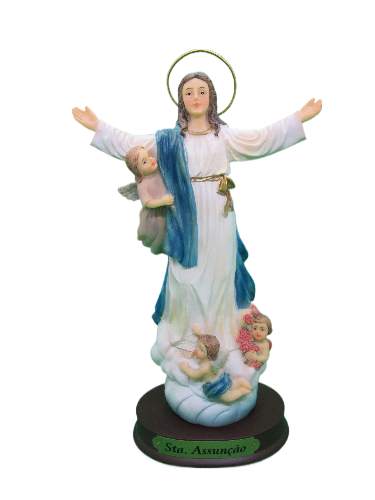 Estátua da Santa Assunção com anjinhos e base preta com etiqueta verde