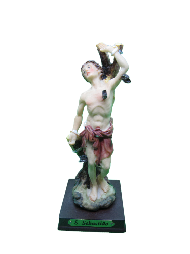 Estátua decorativa de S. Sebastião com base preta e placa com texto