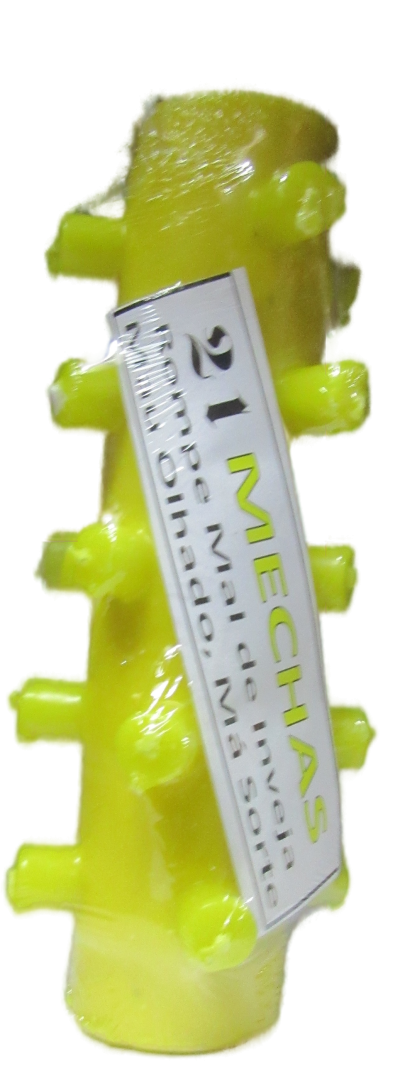 Produto amarelo cilíndrico com botões e etiqueta com texto em português