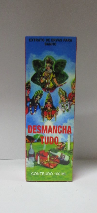 Embalagem azul e verde para extrato de ervas para banho com texto e figuras tradicionais