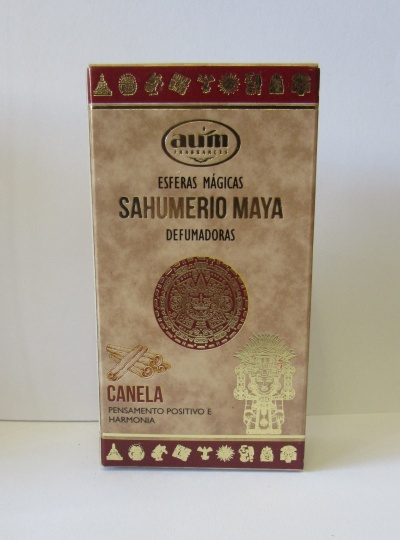Embalagem de esferas mágicas Sahumerio Maya com canela e símbolos maias.
